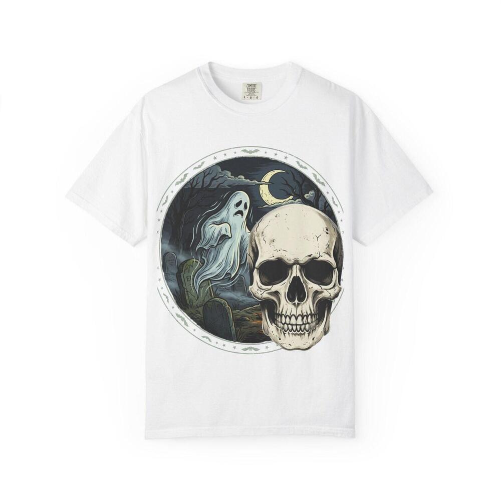 Skull And Ghost Illustration T-Shirt Moonlit Halloween Skull Tee